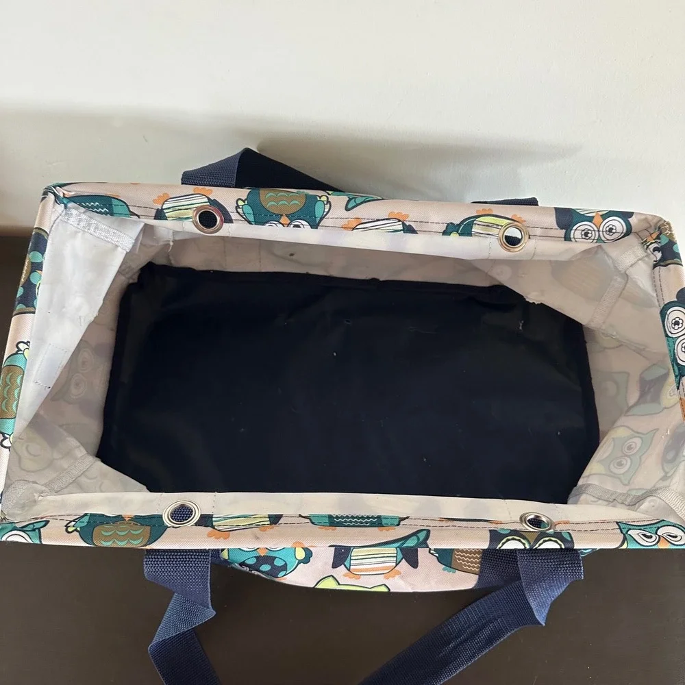 Thirty One Medium Utility Tote Hoo's Happy Owl Print Teal Green Storage Bag 18x9